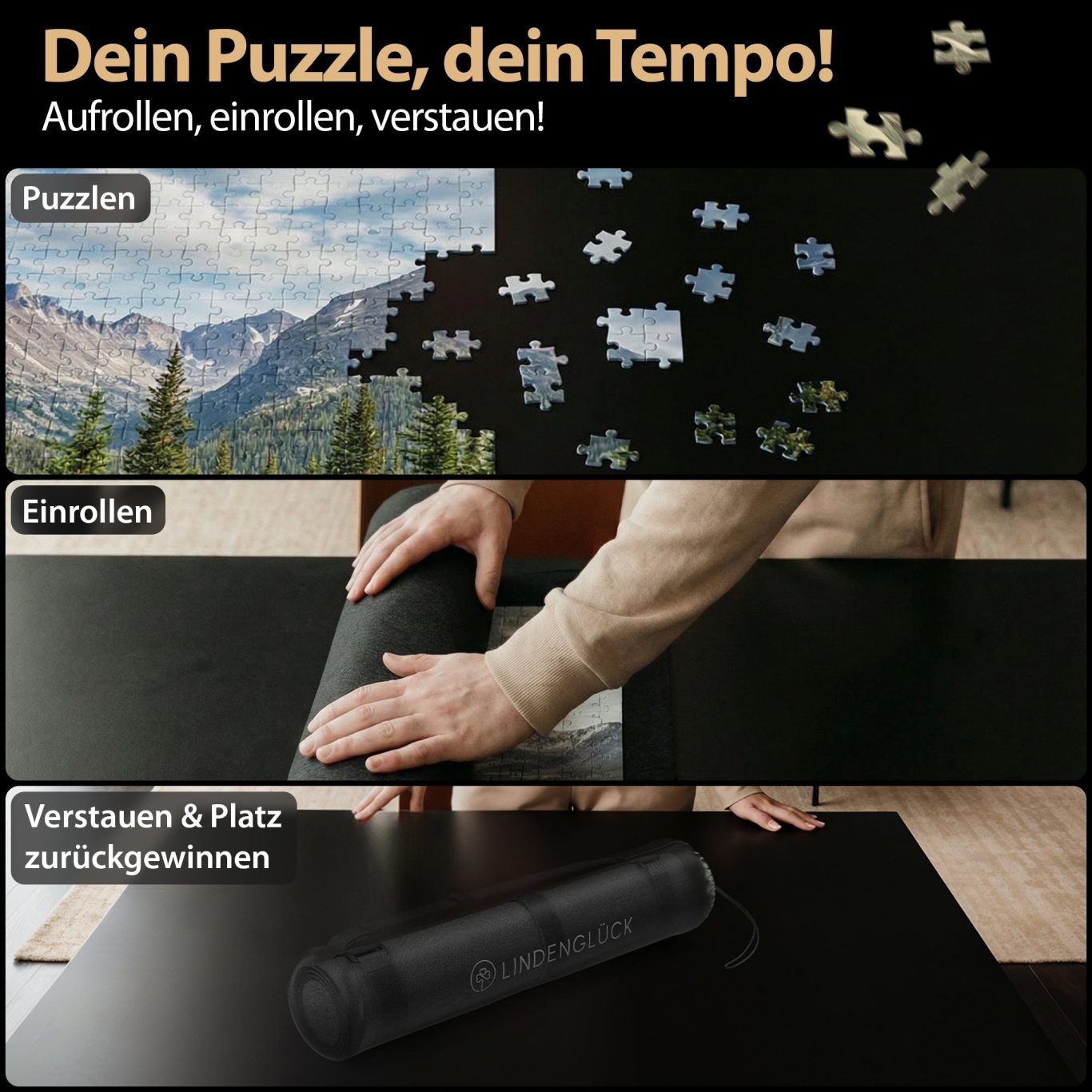 Lindenglück Puzzleunterlage Aufroll Anleitung Bild der Anleitung um die Puzzleunterlage einzurollen und zu verstauen